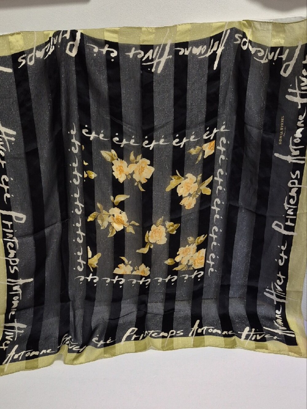 Vintage 90's Sonia Rykiel Silk Foulard "Four Seasons" Scarf 90 cm black gold
